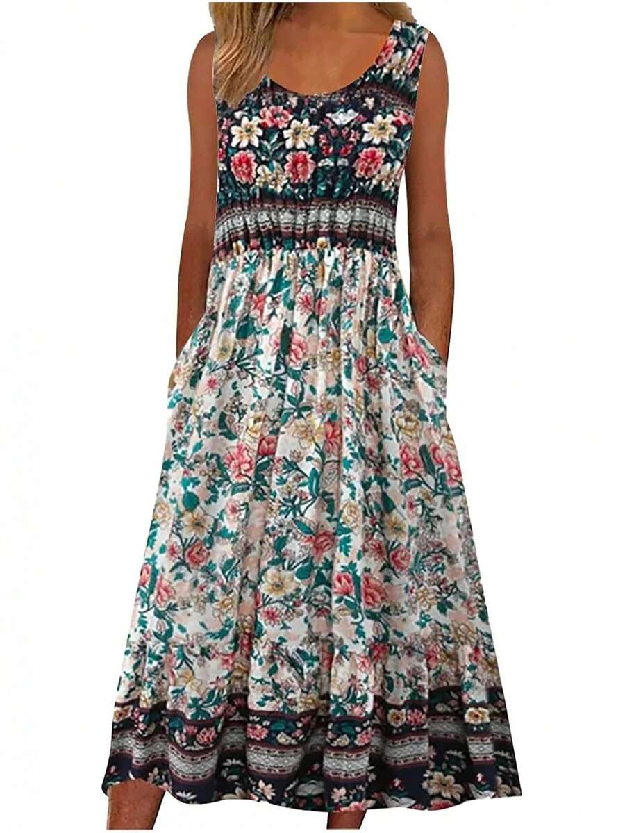 New 2025 Summer! Women's Sleeveless Bohemian Floral Casual MIDI Beach Dress With Flowing Pockets And Loose Fit - 黑色 - 查看 1