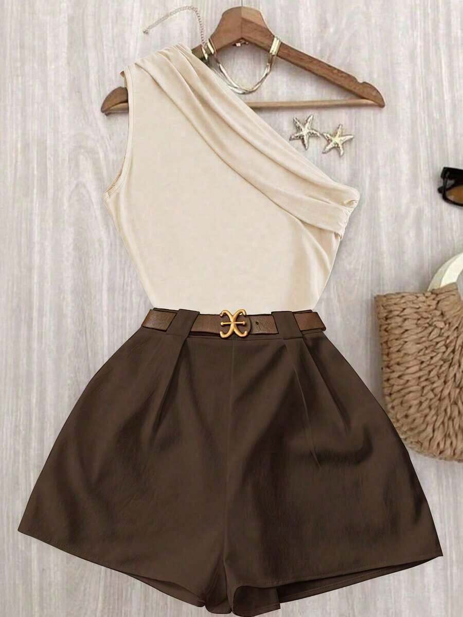 Conjunto de top plisado de hombro de color marrón sólido y elástico para uso casual y pantalones blancos de cintura elástica - Multicolor 2 - Ver 1