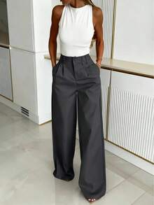 Pantalones anchos de primavera casuales para mujer  estilo de pierna recta holgada, diseño de cintura único de unicolor, adecuados para la oficina y el uso diario, versátiles y favorecedores - Gris - Ver 2