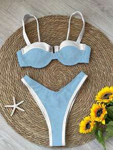 Nuevo Llegado Oficial Primavera/Verano Elegante Casual Sexy Traje de Baño Bikini de Mujeres en Blanco y Negro a Patchwork, para Playa, Fiesta, Cita, Vacaciones - Celeste - Ver 4