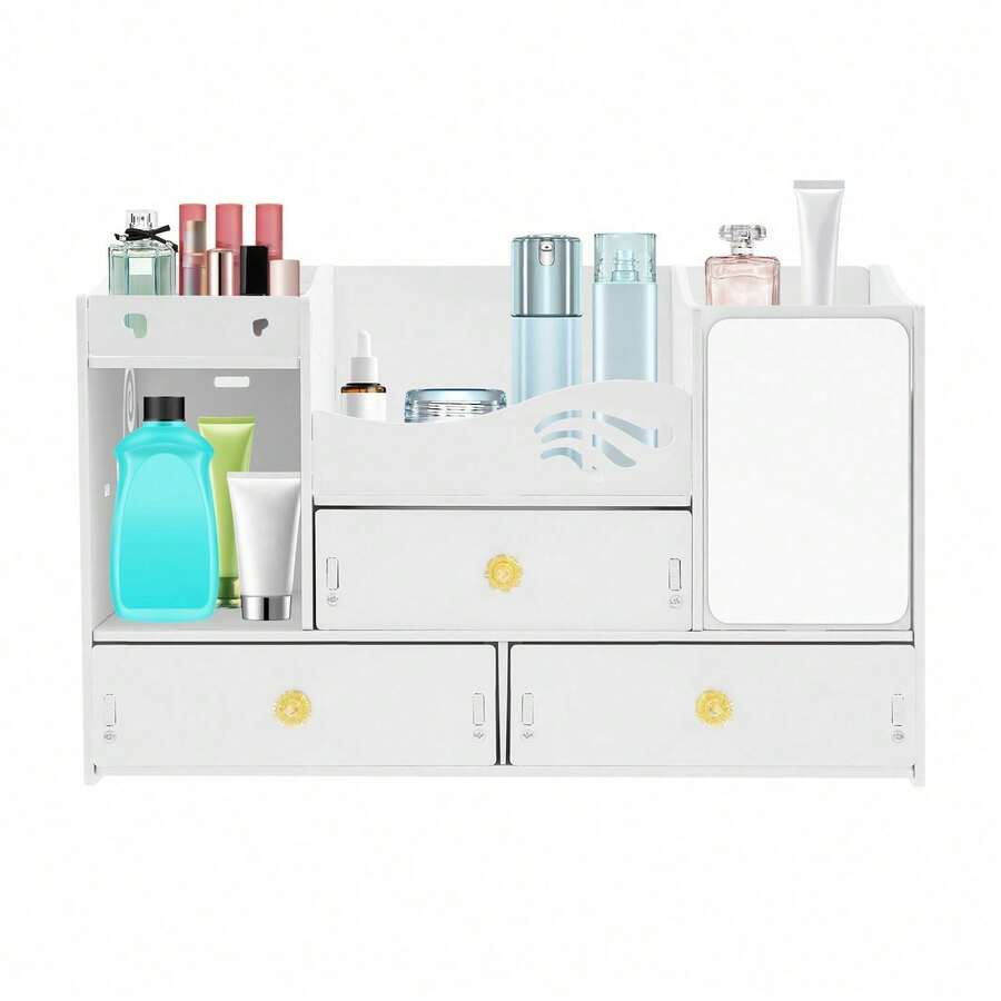 WUPYI Cosmetics Organizer With Mirror Makeup Storage Box 3 Drawer White PVC 4 Compartment Vanity Table Organizer Raised Baffle Design For Lipstick Skincare Jewelry Mask Storage
