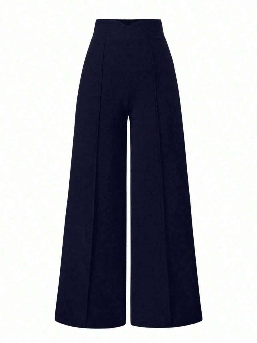 Pantalones anchos de cintura alta de unicolor de uso casual para mujeres - Azul marino - Ver 1