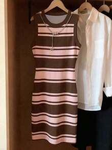Vestido básico casual de ajuste ceñido con estampado de bloques de color y rayas - Multicolor 7 - Ver 3