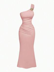 Vestido de cola de pez con cuello fruncido y decoración de broche azul - Rosa - Ver 5