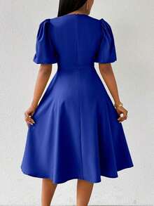Vestido verde de manga abullonada larga, cuello en V, cintura recogida y bajo acampanado, para primavera y verano - azul real - Ver 2