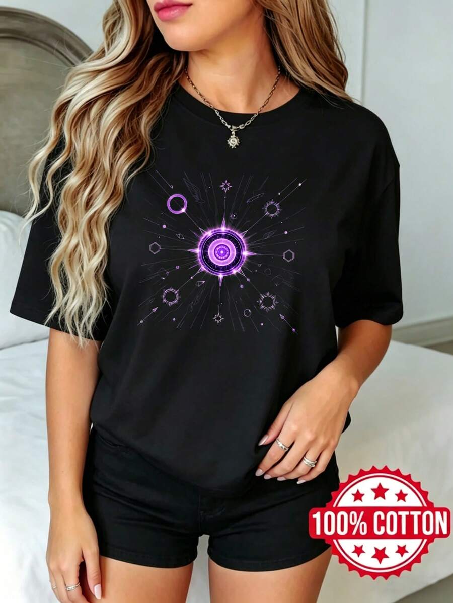 Camiseta negra de manga corta, cuello redondo y estampado para mujer, estilo casual de verano Diseño de Exsión Cóicúrpura S-3XL moda 100% aodón