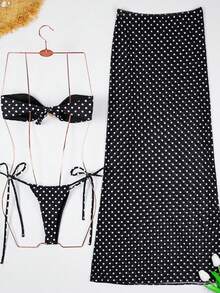 Elegant And Sensual Polka Dot Three-Piece Bikini Set For Women - Black - View 3