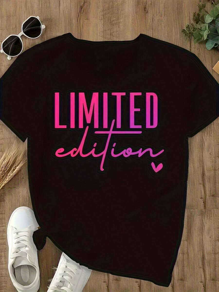 LIMITED EDITION Letter And Slogan Print T-Shirt - Casual Crew Neck, Short Sleeve, Machine Washable, Relaxed Fit Plus Size T-Shirt, Blouse, Shirt > Beautiful. - 黑色 - 查看 1