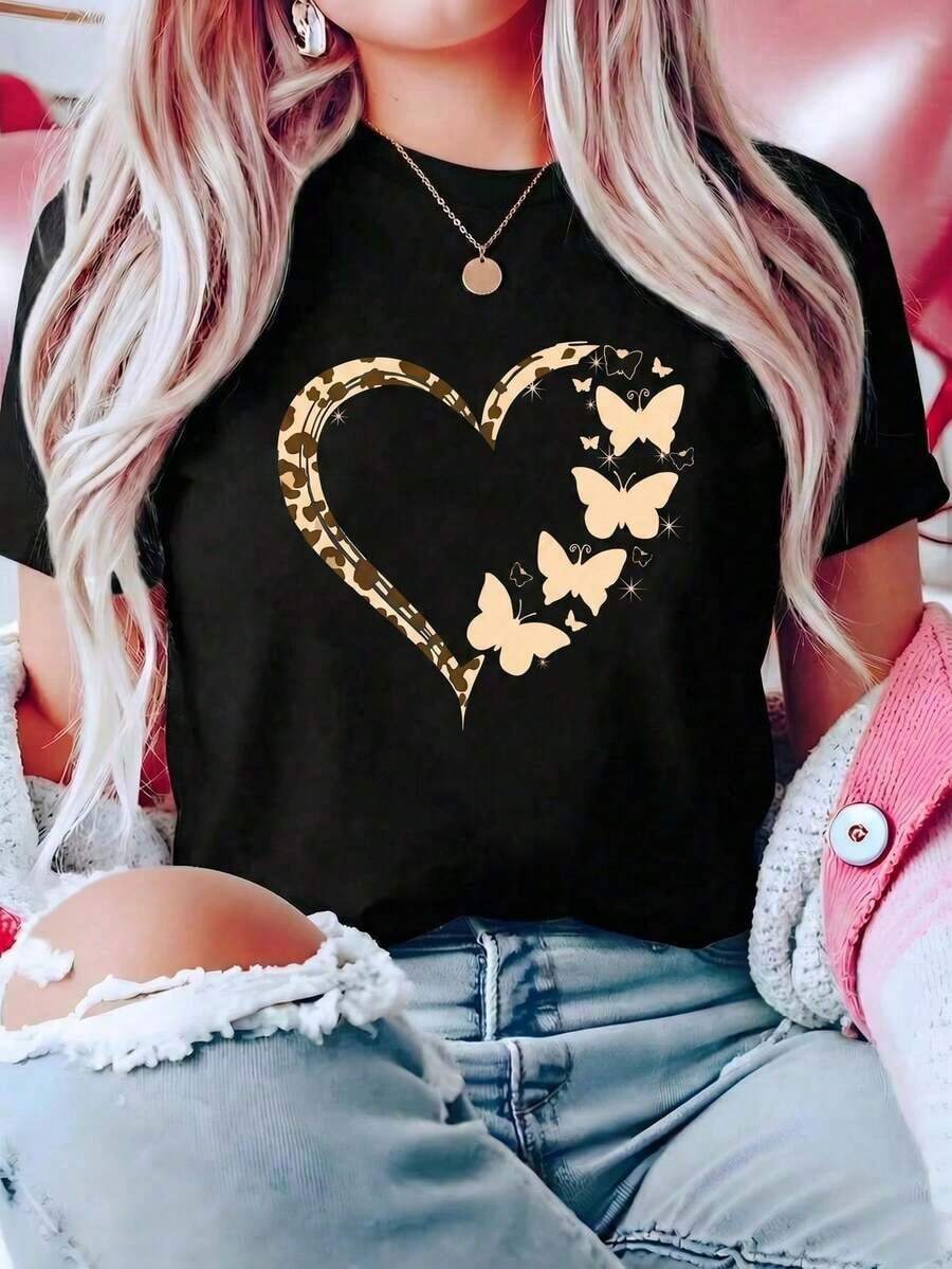 Soft Nueva camiseta de mujer para otoño-invierno, de manga corta con cuello redondo, ideal como prenda básica. Con diseño holgado y estampado moderno, hecha de algodón puro de alta calidad, ofrece comodidad y una sensación agradable en tu día a día. patrón patrón - Negro 1 - Ver 1