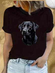 Camiseta con re de perro Labrador negro, color negro con estampado realista de cara de perro para amantes de las mascotas y entusiastas de los perros, ropa casual e idea de regalo, diseño artístico de sol y luna, suave y transpirable, cuello redondo - Negro - Ver 2