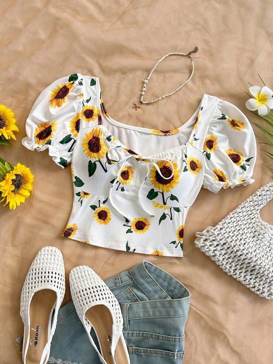 Estilo bohemio, floral romántico, estilo de vacaciones, blusas con estampado floral con temática del 4 de julio, blusas de vacaciones, blusas con cuentas, blusas de fiesta, blusas de tirantes, blusas cortas con temática del 4 de julio para mujeres, - Amarillo - Ver 1