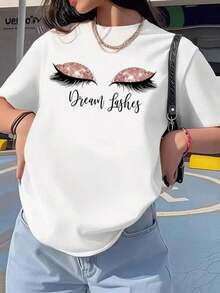 Women's Pure Cotton T-Shirt, Plus Size T-Shirt For Women, Fashionable Printed T-Shirt With The Glamorous Slogan "Dreamy Lashes" Suitable For All Seasons, Daily Wear, Perfect Gift, Fashionable Choice For Outdoor Activities, Casual Wear, Women's Going Out T-Shirts - 白色 - 查看 6