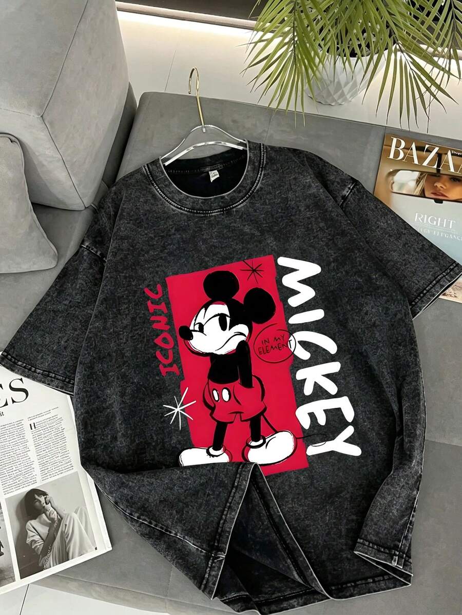 Men's Disney Washed Iconic Mickey Tee, Retro Street Vibe, Loose Fit, Premium Cotton. - 黑色 - 查看 1