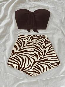 Conjunto de 2 piezas de estilo casual de vacaciones con shorts de estampado de cebra en color albaricoque y verde, y top bandeau negro, adecuado para vacaciones de verano - Multicolor 5 - Ver 6