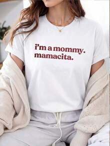 Limited Edition: Women's Casual White Crew Neck Short Sleeve T-Shirt With I'A Mamacita Print, Regular Fit, Drop Shoulders, Lightweight Cotton - 白色的 - 查看 1