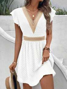 Vestido corto de mujer con cuello en V y mangas cortas, de verano - Blanco - Ver 5