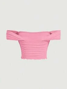 Top de hombros descubiertos fruncido de malla - Rosa - Ver 2