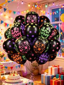 12英吋黑色生日印花氣球，10/20/30/40/50入黑色霓虹發光氣球套組，黑色生日字母、波點、星星印花氣球，適用生日、嬰兒洗禮、性別揭曉、退休、畢業、單身派對、主題派對裝飾 - 黑色 - 查看 5