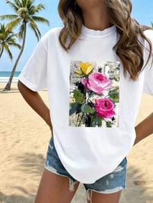 Camiseta de Mujer 2026, Nueva Camiseta de Verano con Cuello Redondo y Estampado Romántico de Rosas, Diseño Colorido y Artístico, Tejido de Seda de Leche Doble Cepillado, Cómoda y Transpirable, Versátil para Uso Diario, Viajes al Trabajo, Casual, Efecto Adelgazante, Top Multicolor. - Blanco - Ver 1