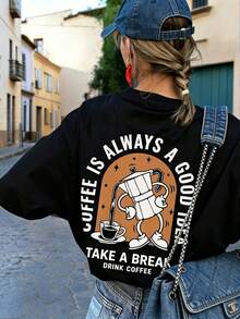 Camiseta de manga corta con cuello redondo y estampado de taza de café, sencilla y a la moda, versátil y adecuada para el uso diario de mujeres en verano. - Negro - Ver 1