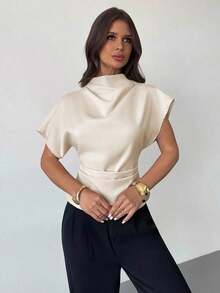 Blusa de bambú y lino con cuello arrugado, mangas asimétricas, plisado lateral y cintura ceñida, para uso diario, color albaricoque, para todas las estaciones - Beis - Ver 4