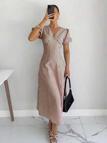 Vestido de mujer elegante y de moda de longitud media con cuello en V a rayas - Marrón - Ver 3
