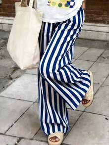Pantalones sueltos y casuales a rayas para mujer, pantalones ligeros y cómodos de estilo bohemio elegante para primavera, verano y otoño, vacaciones en color rosa - Azul marino - Ver 4
