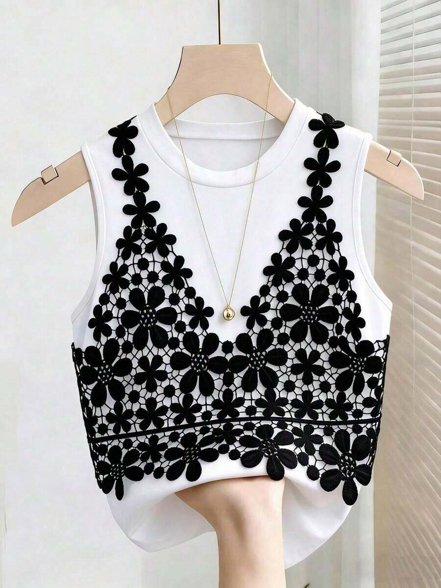Top elegante de tirantes sin mangas de cuello redondo con contraste de color para mujer, verano - Blanco - Ver 1