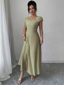 Vestido elegante de manga raglán y cuello cuadrado con detalle cruzado en el busto, de unicolor para mujeres - Verde - Ver 6