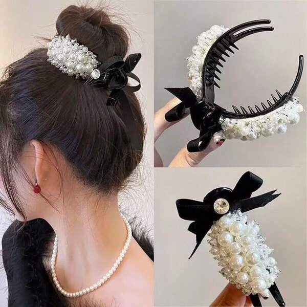 1 pièce Pince à cheveux noire pour femmes avec fausse perle blanche, style bohème en plastique ABS, convient pour toutes les saisons, accessoires de cheveux pour vacances