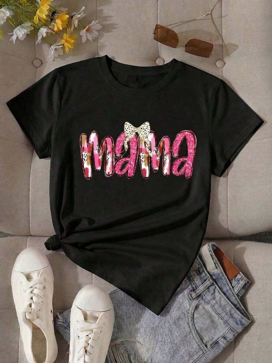 100% Cotton Short Sleeve Round Neck Printed Shirt For Ladies In Mom Style, It Is The Perfect Gift For Mom. - 黑色 - 查看 1