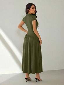 Vestido casual largo plisado de manga abullonada y cuello alto en unicolor para mujer, de verano - Verde militar - Ver 2