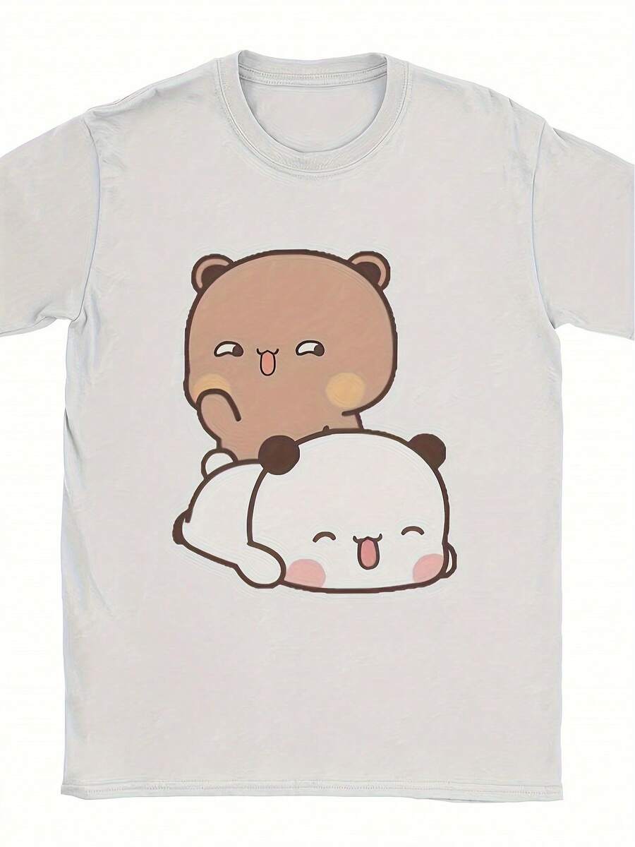 Camiseta divertida con estampado temático de Pascua, Serie Humorística Bubu Dudu Friends - Camiseta blanca de manga corta y cuello redondo, estampada con lindos dibujos animados de panda y oso color moca, lavable aáquina, adecuada como regalo de cumpleaños, estilo juguetón, ropa casual duradera, para uso diario. - Blanco - Ver 1