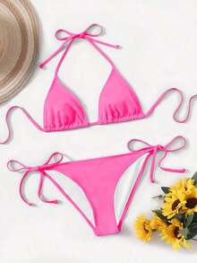 Women's Simple Solid Color Swim Bikini With A Halter Neck And Cutout, Suitable For Beach Vacations And Summer. - Old Rose 2 - View 4