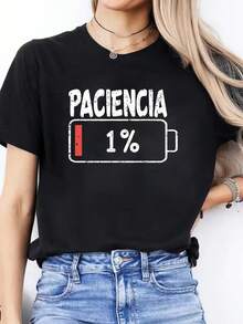 Camiseta de moda para mujer, camiseta informal transpirable de manga corta con cuello redondo y estampado de letras españoles vibrantes para mujer - H4797-Negro - Ver 1