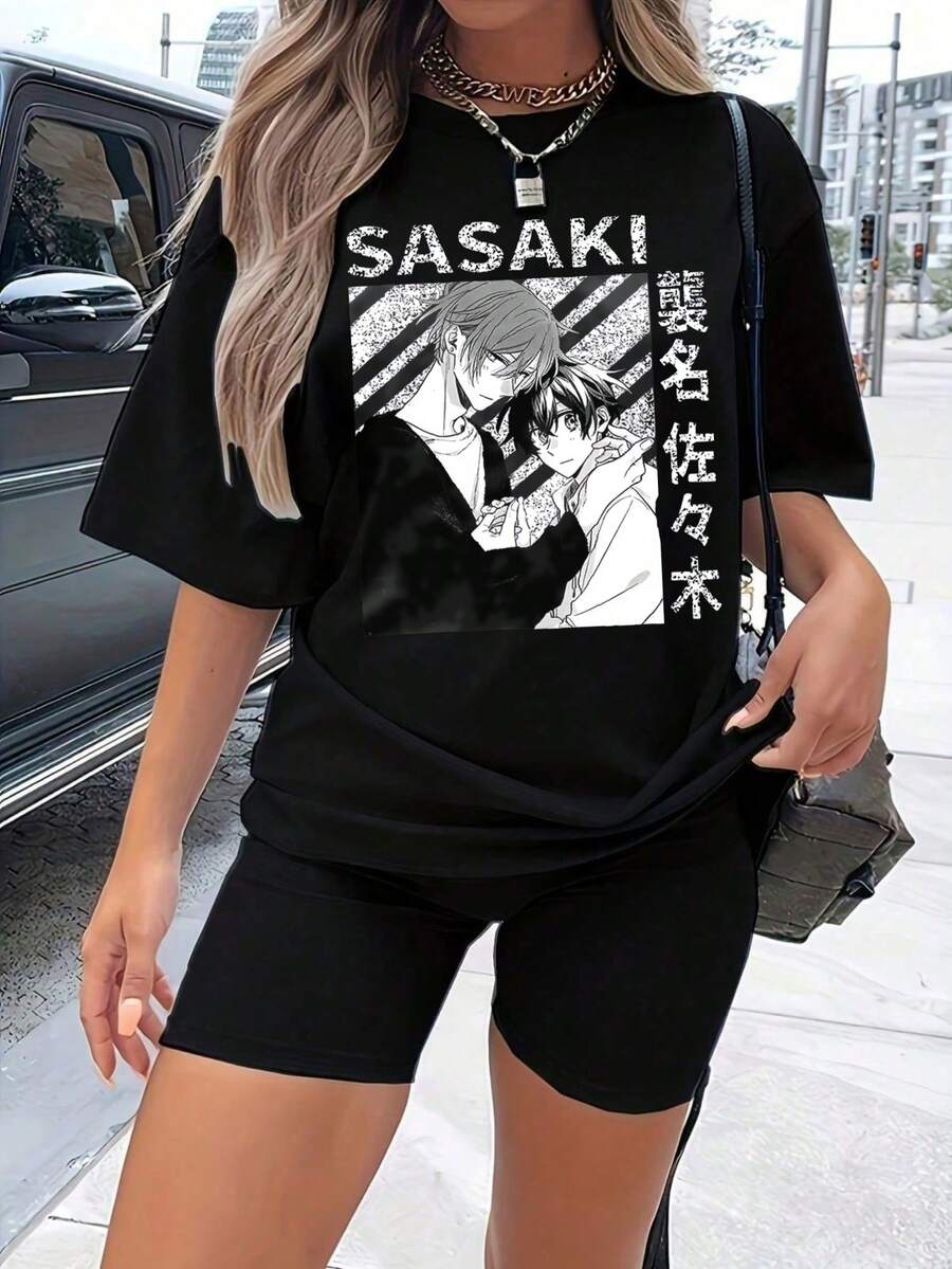 1 Piece 180g Women's Cotton Shirt, Oversized Short Sleeve Round Neck With Print For Daily And Street Wear, Designed By Y2K Artists In The Bababask Style - 黑色6 - 查看 1
