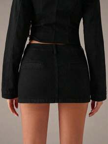 Minifalda de mezclilla ajustada de unicolor de moda de verano para mujer - Negro - Ver 2