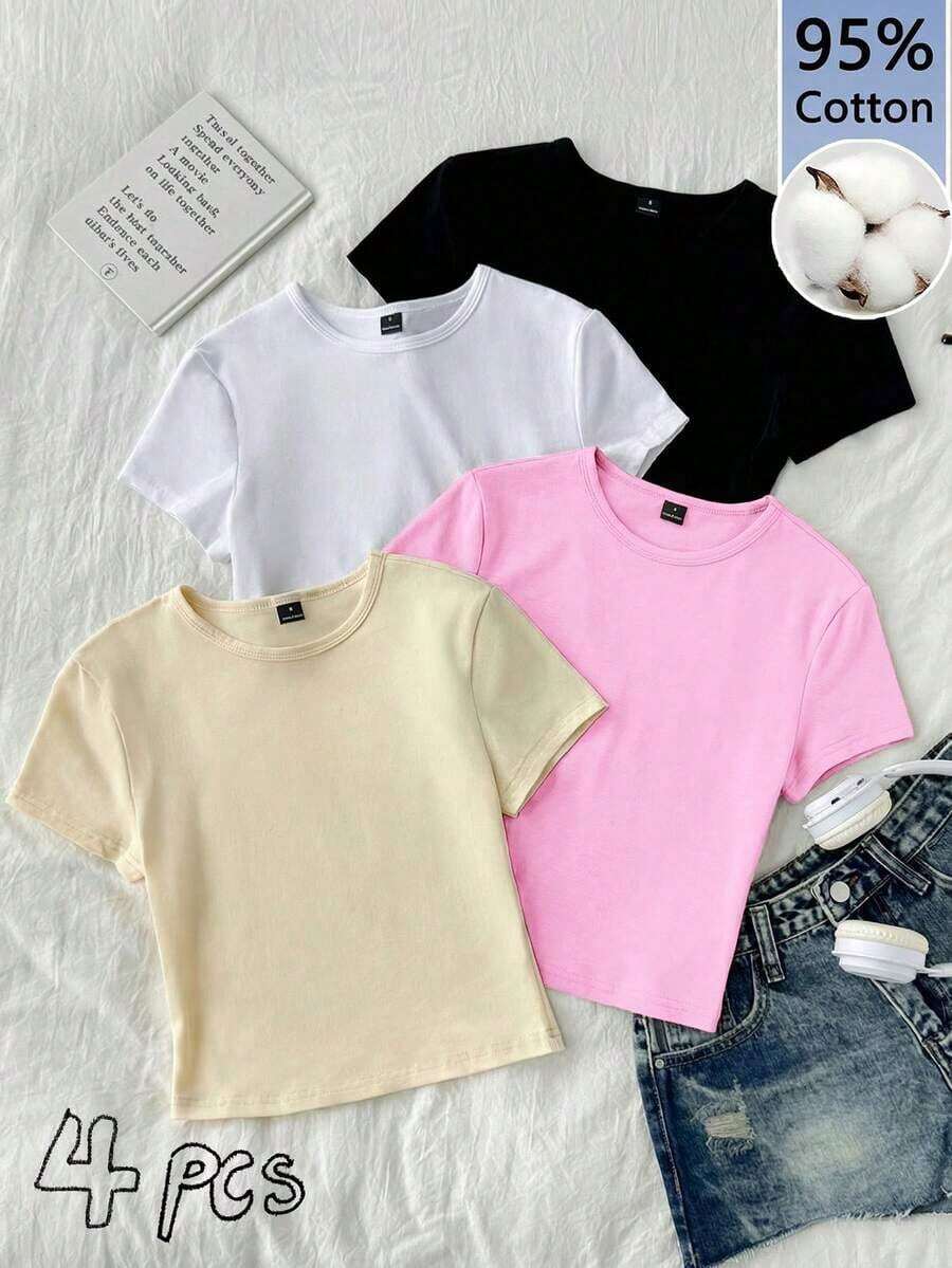 4 piezas Conjunto de camisetas de mujer de cuello redondo de manga corta ajustadas, aptas para el verano y para salir, en negro, blanco, marrón y amarillo crema, 95% algodón, estilo vintage, blusas de verano lindas, estilo softgirl, artículos para salidas de verano, para el hogar, vuelta al colegio, ropa de mujer para otoño, versátil, tops cortos para club y fiesta, paquete de 4 tops cortos básicos de mujer, tops cortos ajustados - Multicolor - Ver 1