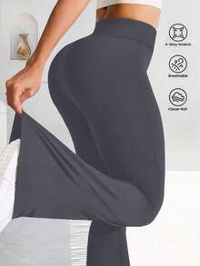 Pantalones acampanados con cintura cruzada para mujer, pantalones deportivos y de yoga de unicolor de poliéster de alta elasticidad, pantalones casuales largos con cintura cruzada, mallas ajustadas de unicolor para entrenamiento, pantalones de pierna ancha de tejido de punto adecuados para fitness y uso casual, negro, primavera - Gris Oscuro - Ver 4