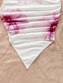 Blusa de mujer con estampado floral sexy, bajo asimétrico y hombros fruncidos, adecuada para vacaciones en la playa - Multicolor 3 - Ver 3