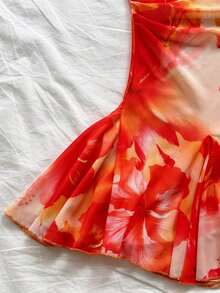 Vestido mini de mujer para vacaciones con tirantes finos, escote pronunciado, espalda descubierta, lazo, bajo estilo sirena, estilo romántico, vestido mini para pausas de té, caminatas al aire libre, citas, atuendo de playa, malla, joven y feme - Naranja - Ver 3