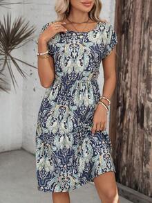 Vestido de mujer de manga corta con cuello redondo y estampado geométrico de verano - Multicolor 3 - Ver 10