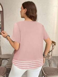 Camiseta casual de talla grande con bolsillo y rayas de contraste, prenda de vestir occidental estilo boho bohemio, top de festival de los 90, verano y primavera - Rosa - Ver 2