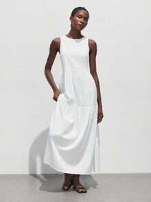 Vestido casual de vacaciones con diseño de volantes escalonados en verde jade, vestido cómodo con cuello redondo, división horizontal, parches y fruncidos, atuendo bohemio de playa, elegante vestido de estilo occidental para vacaciones de muje - Blanco - Ver 5