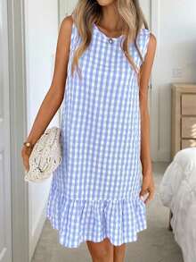 Vestido de verano estilo bohemio con cuello redondo sin mangas y corte evasé a dos colores a cuadros, vestido esencial para vacaciones y uso diario al aire libre - Azul y blanco - Ver 5