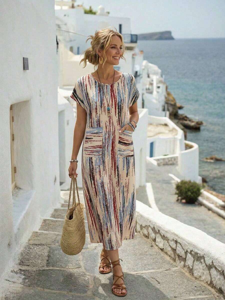 Vestido casual de mujer con estampado floral y manga corta, ideal para vacaciones de verano - Multicolor 8 - Ver 1