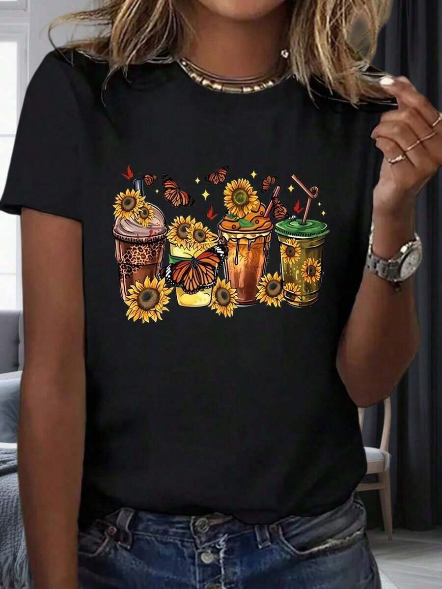 Camiseta con estampado de girasol, taza de café y mariposa de verano para mujer, top casual de moda, ropa para fiestas y vacaciones, 220mg, adecuada para primavera, verano y otoño. - Negro - Ver 1