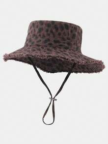 1pc Vintage Leopard Print Frayed Edge Bucket Hat, Adjustable Rope Design, Beach Vacation Sun Protection Hat - Drawstring Leopard Print Fisherman's Hat - View 18