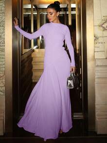 Vestido otoño elegante unicolor cuello redondo pliegues asimétricos corte ajustado estilo distinguido moda europea para mujer - Morado - Ver 7