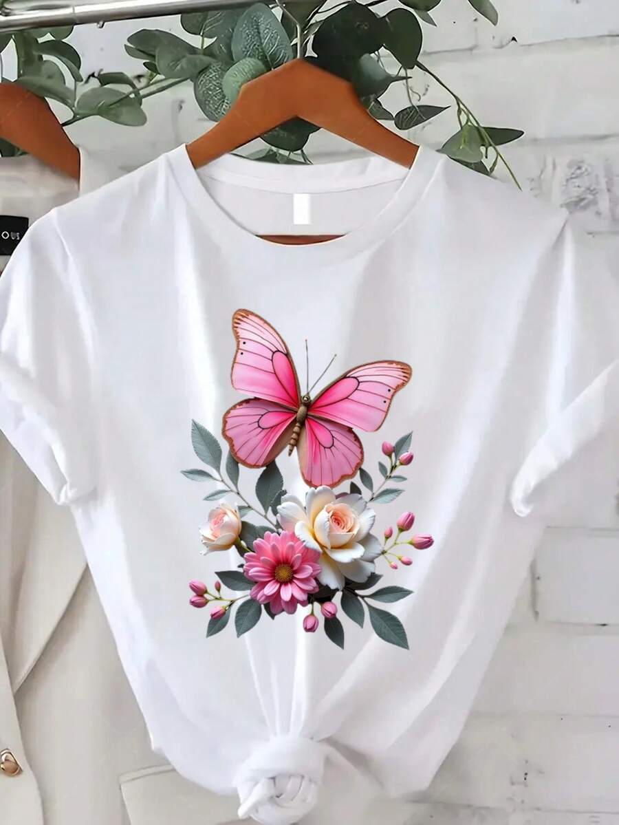 Classic Plus Size Women's Clothing, Pink Butterfly Print T-Shirt - Casual Short Sleeve Round Neck Top, Suitable For Spring, Summer And Autumn, With Random Floral And Wing Patterns, Machine Washable, A Beautiful Gift For Christmas, Thanksgiving And New Year (Success Of ). - 白色 - 查看 1